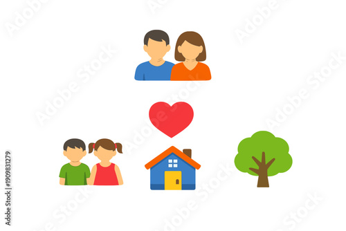 A collection of flat design icons representing a family, including a man, woman, boy, girl, a red heart, a blue house, and a green tree, all set against a solid black background.