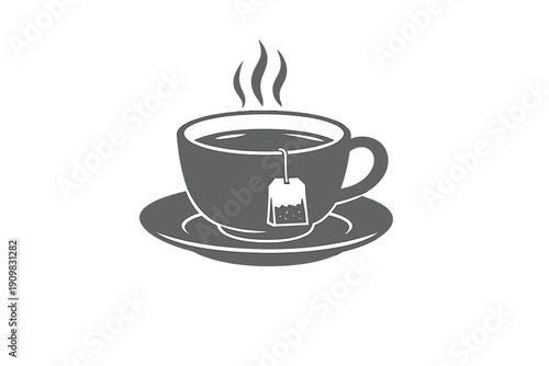 A gray and white illustration of a steaming cup of tea on a saucer with a tea bag hanging out, isolated on a black background. This minimalist graphic depicts a hot beverage.