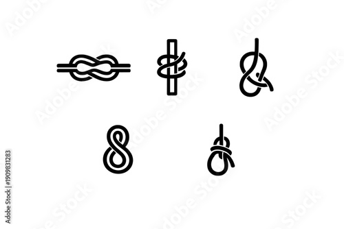 A collection of five different nautical knot illustrations in white line art on a black background. The set includes various rope ties like the figure-eight and reef knot.