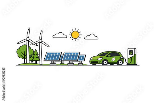 This flat vector illustration depicts sustainable energy with wind turbines, solar panels, and a green electric vehicle charging at a station against a black background.