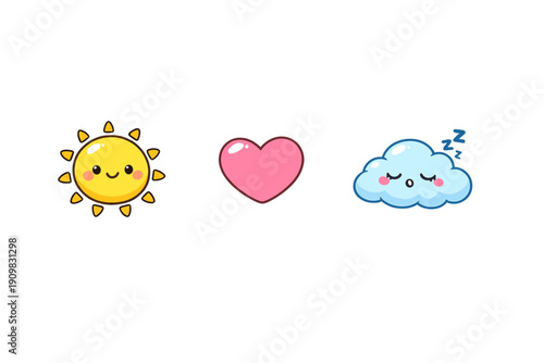 Three cute kawaii icons featuring a smiling yellow sun, a pink heart, and a sleeping blue cloud with zzz symbols, all isolated on a solid black background for a playful design.
