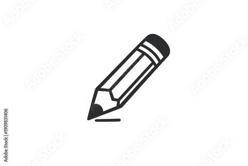 A black and white minimalist icon of a pencil positioned diagonally as if writing on a surface. This simple vector illustration represents creativity, editing, and design tools.