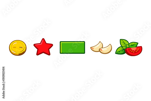 Five vibrant cartoon icons including a gold coin, red star, green rectangle, garlic cloves, and a tomato slice with basil leaves are displayed in a row on a solid black background.