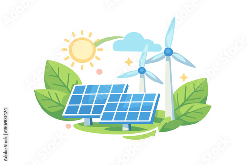 A flat vector illustration featuring solar panels and wind turbines surrounded by green leaves under a bright sun and blue clouds, representing clean renewable energy sources.