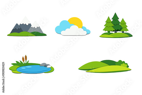 A collection of five nature-themed vector illustrations featuring snow-capped mountains, a sun with clouds, evergreen trees, a small pond with cattails, and rolling green hills.