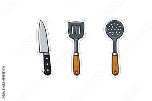 This illustration features three kitchen tools: a sharp chef knife, a slotted spatula, and a skimmer spoon. Each item is designed as a sticker with a white border on black.