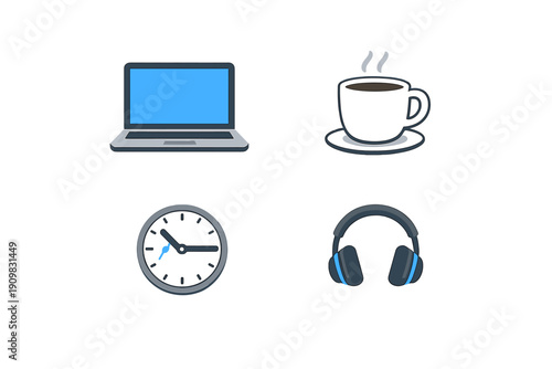 A set of four flat icons including a laptop, a steaming cup of coffee, an analog clock, and headphones, all presented on a dark background for a modern workspace theme.