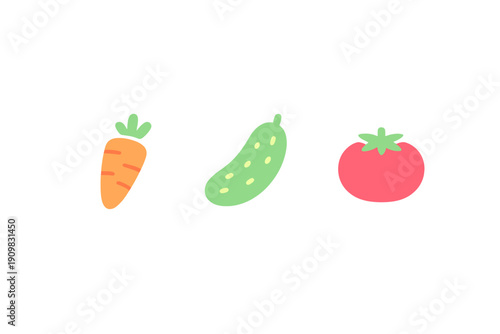 A simple illustration featuring a cartoon carrot, a green cucumber, and a red tomato arranged horizontally against a solid black background. The style is minimalist and colorful.