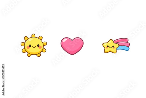 A collection of three kawaii style illustrations including a happy yellow sun, a pink heart, and a smiling shooting star with a pink and blue tail on a black background.