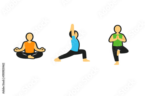 Three minimalist cartoon characters practice various yoga positions including meditation, warrior, and tree poses. They wear colorful tops and black pants on a dark background.