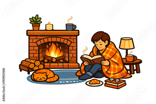 A person wrapped in a plaid blanket reads a book by a glowing fireplace. A ginger cat sleeps on a rug, while a lamp, steaming mugs, and snacks create a cozy indoor atmosphere.