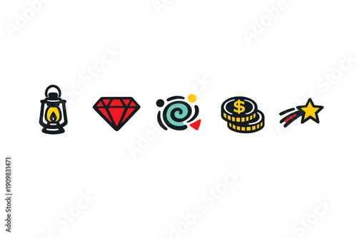 A collection of five colorful icons including a lantern, a red diamond, a teal spiral, gold dollar coins, and a shooting star, all set against a solid black background in a flat style.