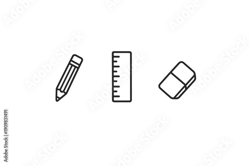 Minimalist line icons of a pencil, a ruler, and an eraser are displayed horizontally on a dark, textured black background. This simple graphic represents basic school and office supplies.