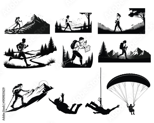 A series of black and white illustrations depicting various outdoor adventure activities