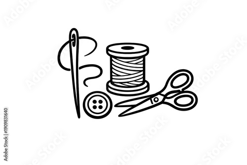 A white line art illustration featuring a needle with thread, a spool of thread, a four-hole button, and a pair of scissors, all arranged on a solid black background.