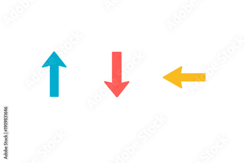 Three colorful arrows pointing in different directions are displayed against a solid black background. The set includes a blue upward arrow, a red downward arrow, and a yellow left arrow.