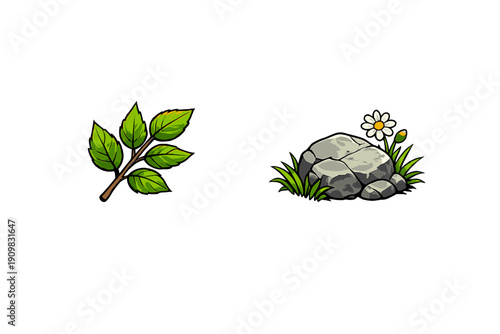 A cartoon illustration featuring a small branch with green leaves on the left and a grey rock with grass and a white daisy flower on the right, set against a black background.