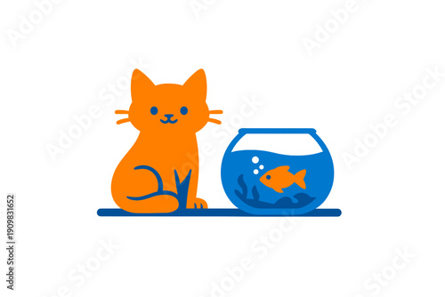This minimalist flat vector illustration features an orange cat sitting next to a blue fishbowl containing an orange goldfish, all set against a solid black background.