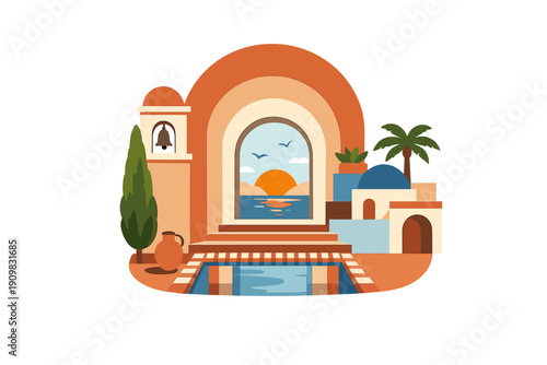 A flat vector illustration of a Mediterranean coastal scene featuring a swimming pool, terracotta buildings, and a sunset over the sea viewed through a large arched doorway.