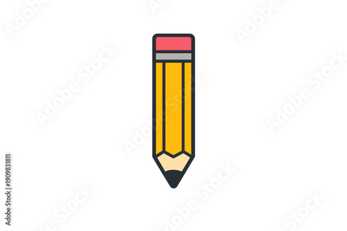 This flat design vector illustration features a classic yellow pencil with a pink eraser and grey ferrule. The pencil is oriented vertically and set against a solid black background.