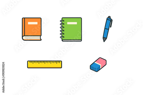 A collection of school supplies icons including an orange book, a green spiral notebook, a blue pen, a yellow ruler, and a pink and blue eraser on a black background.