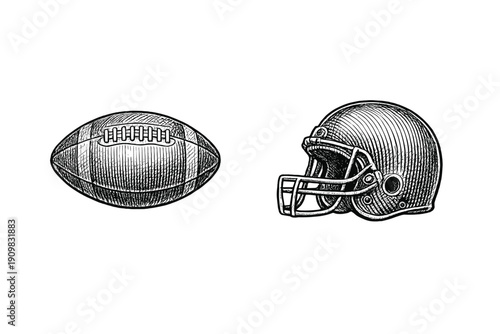 Detailed engraving style illustration of an American football and a helmet isolated on a black background. The artwork features classic hatching and cross-hatching for a retro look.