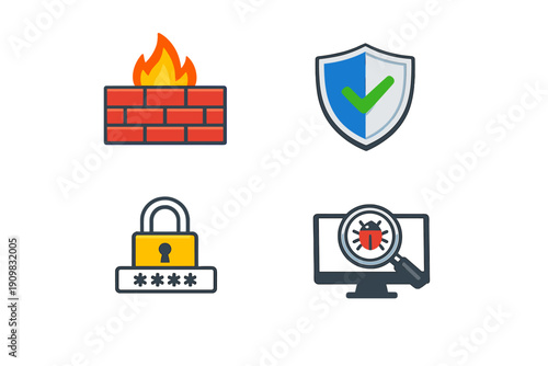A set of four flat vector icons representing cybersecurity concepts including a firewall, a security shield with a checkmark, a password lock, and a computer virus scan.