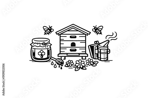 This minimalist black and white graphic shows a beehive surrounded by a honey jar, a dipper, two bees, a smoker, and flowers. It is a clean line art illustration of beekeeping.
