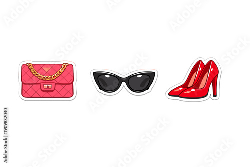 A collection of three fashion accessory stickers featuring a pink quilted handbag with a gold chain, black and white cat-eye sunglasses, and red high-heeled stiletto shoes on a black background.