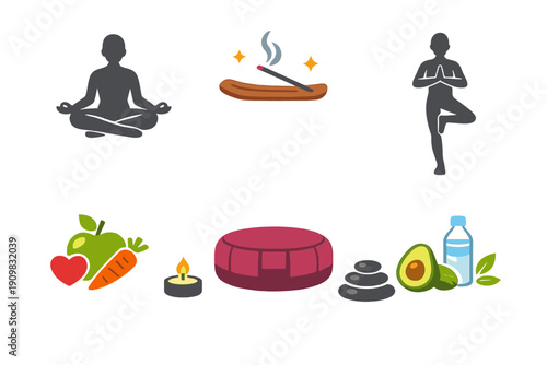 A collection of wellness and meditation icons featuring yoga poses, healthy food, incense, a candle, zen stones, and a meditation cushion on a black background.