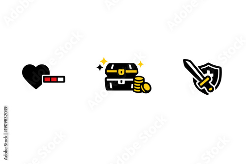 A set of three stylized gaming icons including a heart with a life bar, a treasure chest with coins, and a protective shield, all set against a solid black background.