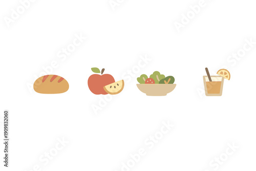 A minimalist illustration featuring four food icons including a loaf of bread, an apple with a slice, a bowl of fresh salad, and a glass of orange juice on a solid black background.