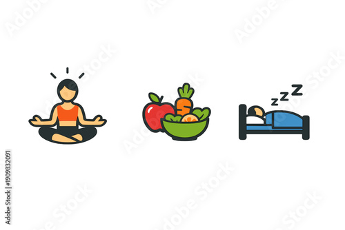 Three colorful icons on a black background representing a healthy lifestyle including meditation, eating nutritious food like fruits and vegetables, and getting enough sleep.