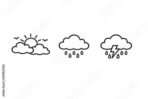 Three minimalist black line icons representing different weather conditions including partly cloudy with birds, rain, and a thunderstorm with lightning on a plain white background.