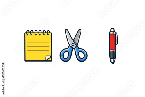 A collection of three stickers featuring a yellow spiral notepad, a pair of blue scissors, and a red ballpoint pen, all set against a solid black background.