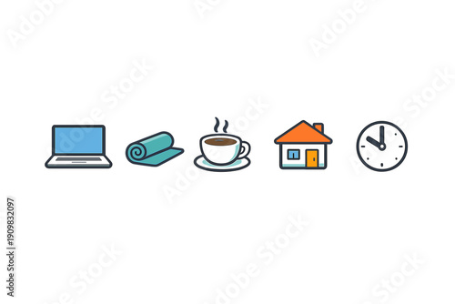 Five flat design icons featuring a laptop, yoga mat, coffee cup, house, and clock are arranged horizontally on a solid black background, symbolizing a daily routine or remote work.