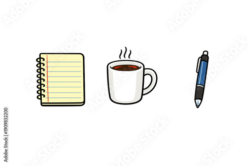 A cartoon illustration featuring a yellow spiral notebook, a white mug of steaming hot coffee, and a blue ballpoint pen arranged horizontally against a solid black background.