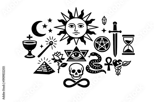 A collection of white occult and mystical symbols including a sun with a face, skull, pentagram, and eye of providence, arranged on a solid black background in a minimalist style.