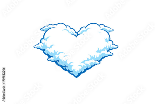 A stylized white cloud shaped like a heart with blue outlines and shading is centered against a solid black background. The illustration features a fluffy and puffy texture.