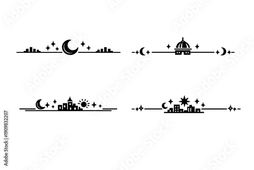 A set of four minimalist black and white line art illustrations featuring night cityscapes with crescent moons, stars, and buildings on horizontal lines. Ideal for Islamic themes.