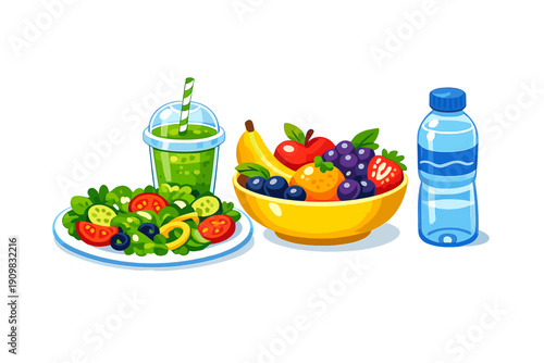 A colorful cartoon illustration featuring a fresh salad plate, a green smoothie with a straw, a bowl filled with various fruits, and a bottle of water on a black background.
