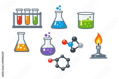 A collection of colorful chemistry lab equipment icons including test tubes, flasks, a beaker, molecular structures, and a Bunsen burner set against a solid black background.