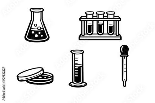 A collection of white laboratory equipment icons on a black background, including an Erlenmeyer flask, test tubes in a rack, petri dishes, a graduated cylinder, and a pipette.