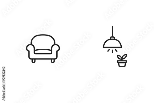 A minimalist line art illustration featuring a comfortable armchair next to a hanging pendant lamp shining light over a small potted plant, set against a solid black background.