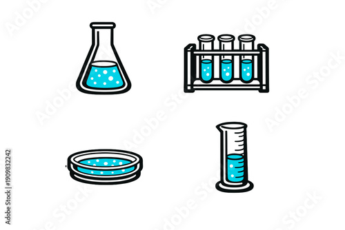 A collection of four laboratory glassware icons featuring an Erlenmeyer flask, test tubes in a rack, a petri dish, and a graduated cylinder with blue liquid on a black background.