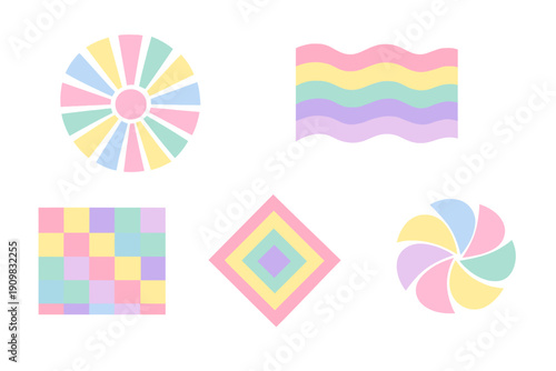 Five minimalist geometric icons in soft pastel shades of pink, yellow, green, and purple are displayed on a black background. The set includes a sunburst, waves, and a checkerboard.