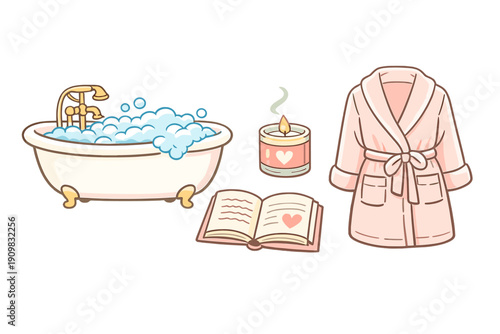 A cute cartoon illustration featuring a white bathtub filled with bubbles, a lit scented candle, an open book with a heart, and a soft pink bathrobe on a black background.