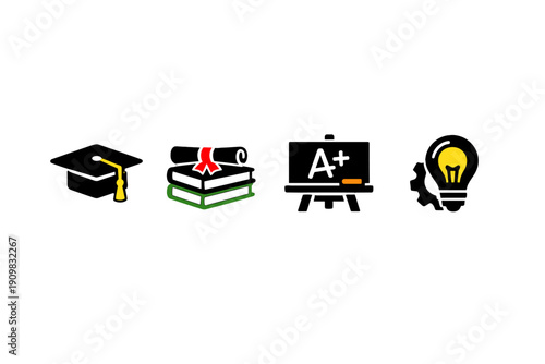 A set of four education icons featuring a graduation cap, a stack of books with a diploma, a blackboard with an A plus grade, and a light bulb idea symbol on a black background.