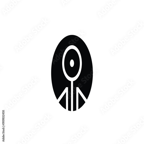 Abstract black silhouette of a stylized figure with a central eye, enclosed within a white oval shape, representing a minimalist icon or symbol.