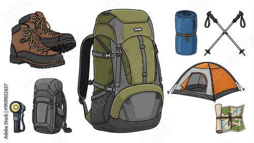 Outdoor Adventure Gear Backpack and Camping Tools Vector Set – Hiking Equipment Collection